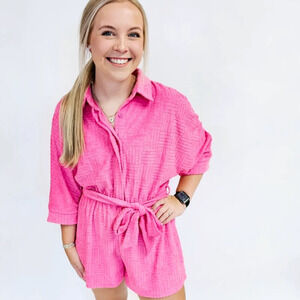 Bibi Textured Terry Shorts Romper in PINK L NWT Coverup Beach Minimal Coastal